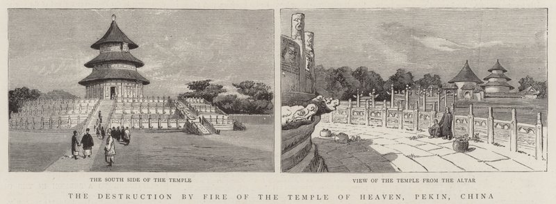 La destruction par le feu du Temple du Ciel, Pékin, Chine - English School