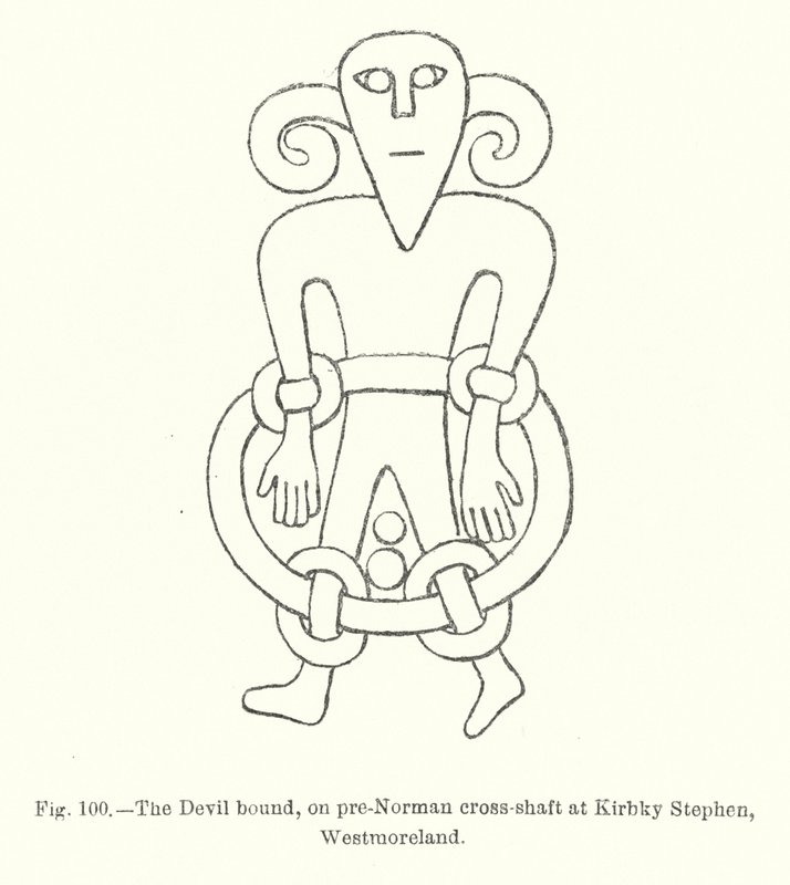 Le Diable lié, sur le fût de croix pré-normande à Kirbky Stephen, Westmoreland (gravure) - English School