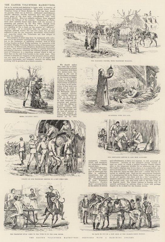 Les manœuvres volontaires de Pâques, croquis avec une colonne en marche - English School