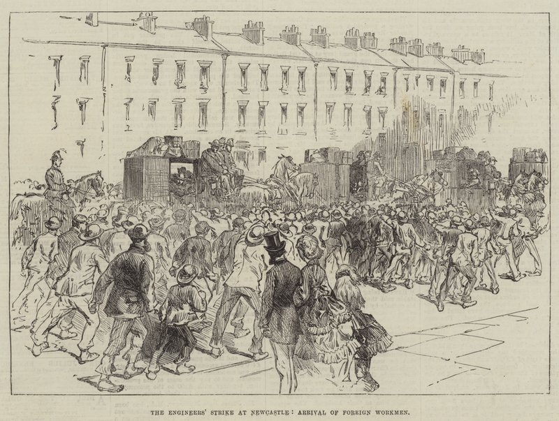 La grève des ingénieurs à Newcastle, arrivée des ouvriers étrangers (gravure) - English School