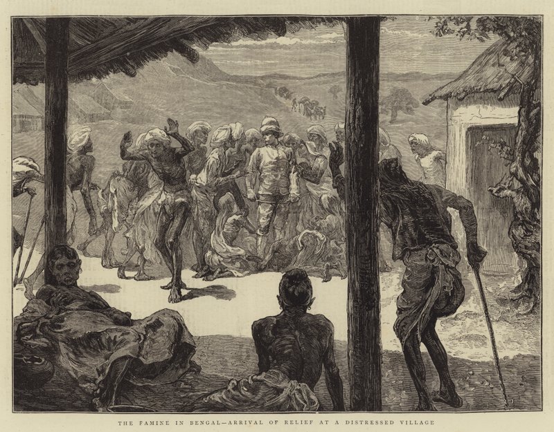 La famine au Bengale, arrivée des secours dans un village en détresse - English School
