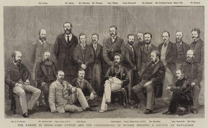 La famine en Inde, Lord Lytton et le commissaire de Mysore tenant un conseil à Bangalore - English School
