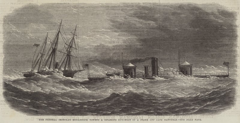 Le cuirassé fédéral Monadnock remorquant un canonnière en panne dans une tempête au large du cap Hatteras - English School