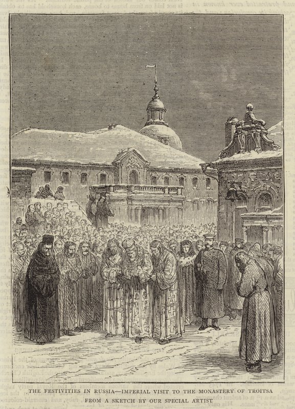Les festivités en Russie, visite impériale au monastère de Troitsa (gravure) - English School