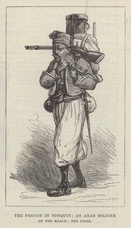 Les Français au Tonkin, un soldat arabe en marche, le fifre (gravure) - English School