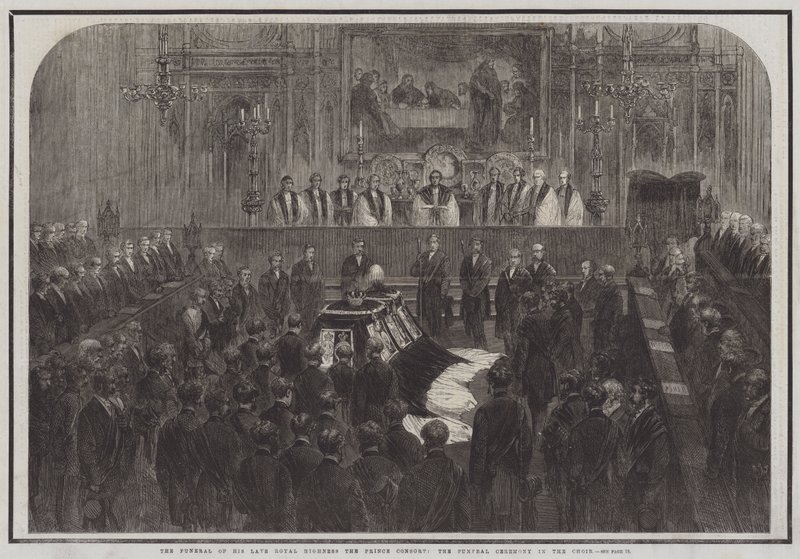 Les funérailles de feu Son Altesse Royale le Prince Consort, la cérémonie funéraire dans le chœur (gravure) - English School