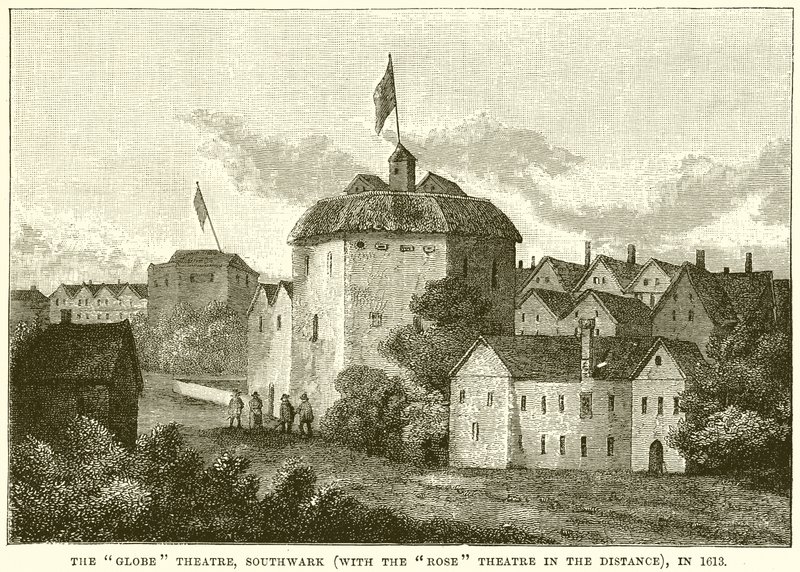 Le Globe Theatre, Southwark (avec le Rose Theatre au loin), en 1613 - English School