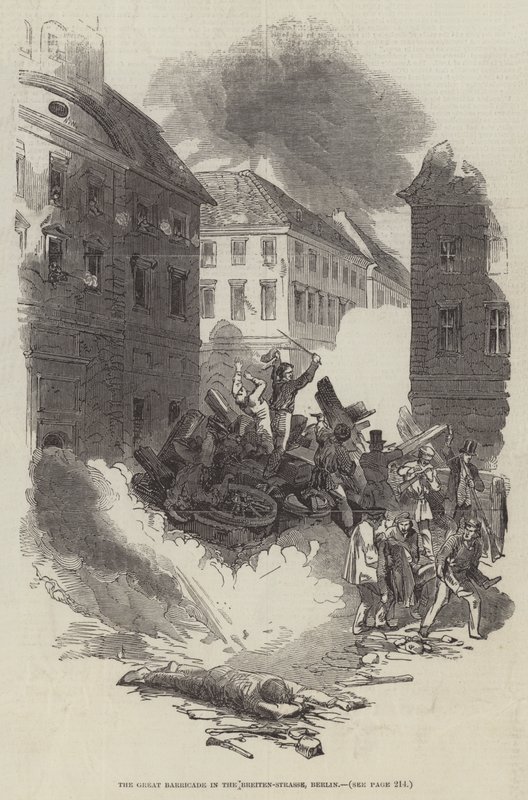 La grande barricade dans la Breiten-Strasse, Berlin (gravure) - English School