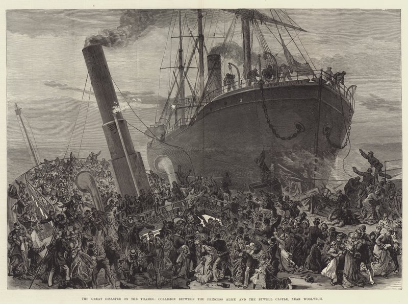 La grande catastrophe sur la Tamise, collision entre la princesse Alice et le Bywell Castle, près de Woolwich (gravure) - English School