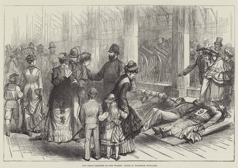 La grande catastrophe sur la Tamise, scène dans le chantier naval de Woolwich (gravure) - English School