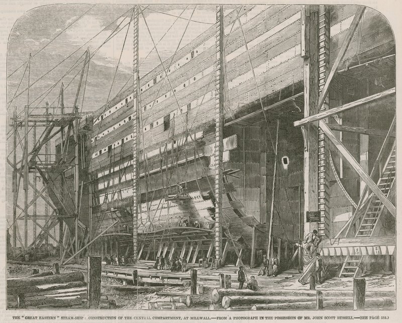 Le navire à vapeur Great Eastern; Construction du compartiment central à Millwall - English School