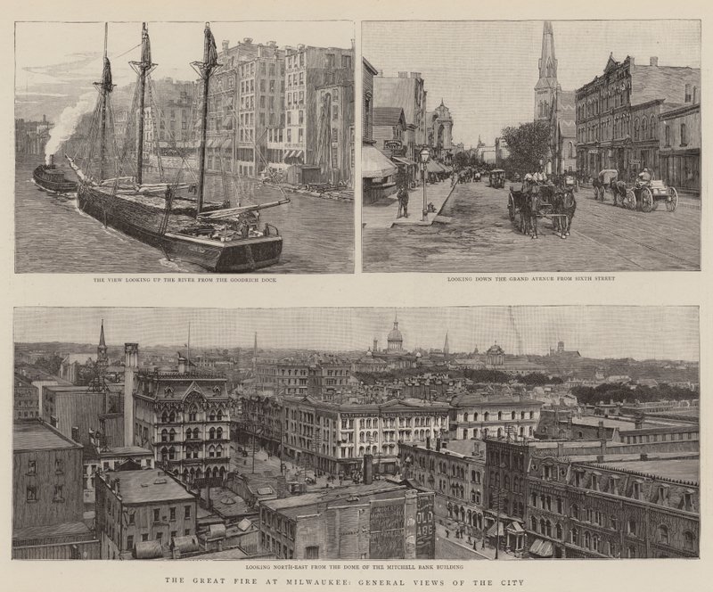 Le grand incendie à Milwaukee, vues générales de la ville (gravure) - English School