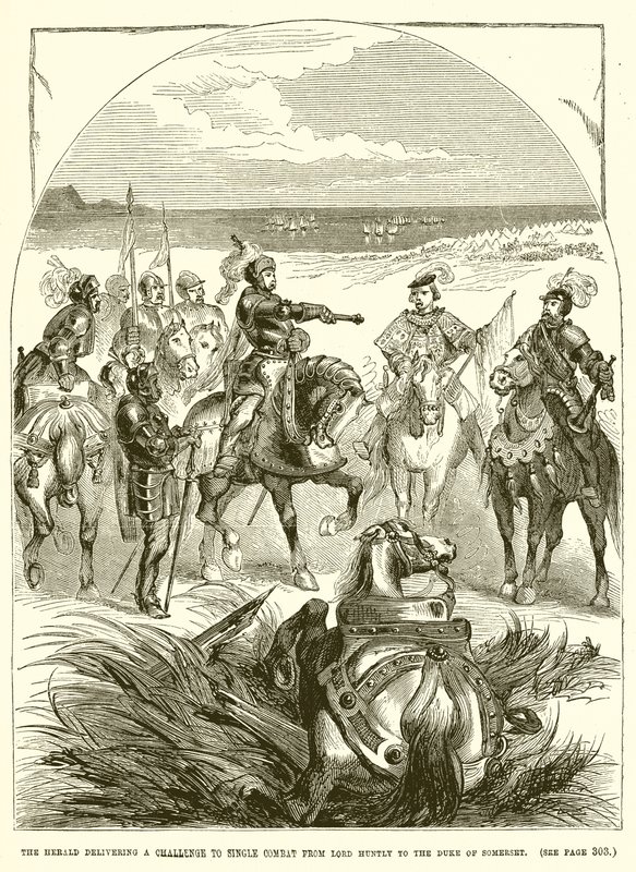 Le héraut délivrant un défi de combat singulier de Lord Huntly au duc de Somerset - English School
