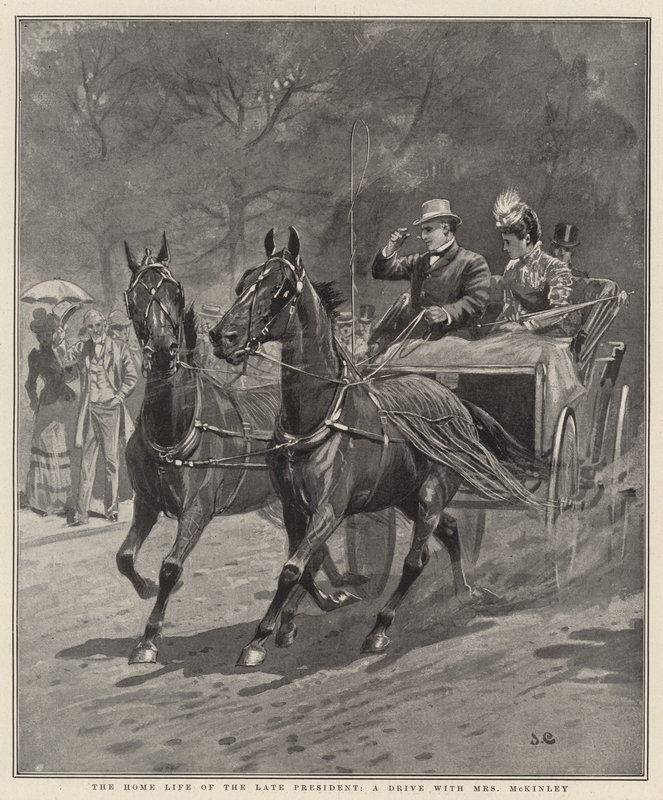 The Home Life of the Late President, a drive with Mrs McKinley (litho) - English School