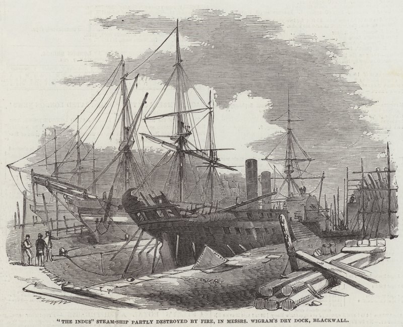 Le navire à vapeur "The Indus" partiellement détruit par le feu, dans le dock sec de Messers Wigram, Blackwall (gravure) - English School