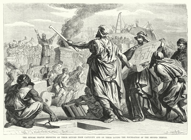 Le peuple juif se réjouissant de son retour de captivité et de la pose de la fondation du second temple (gravure) - English School