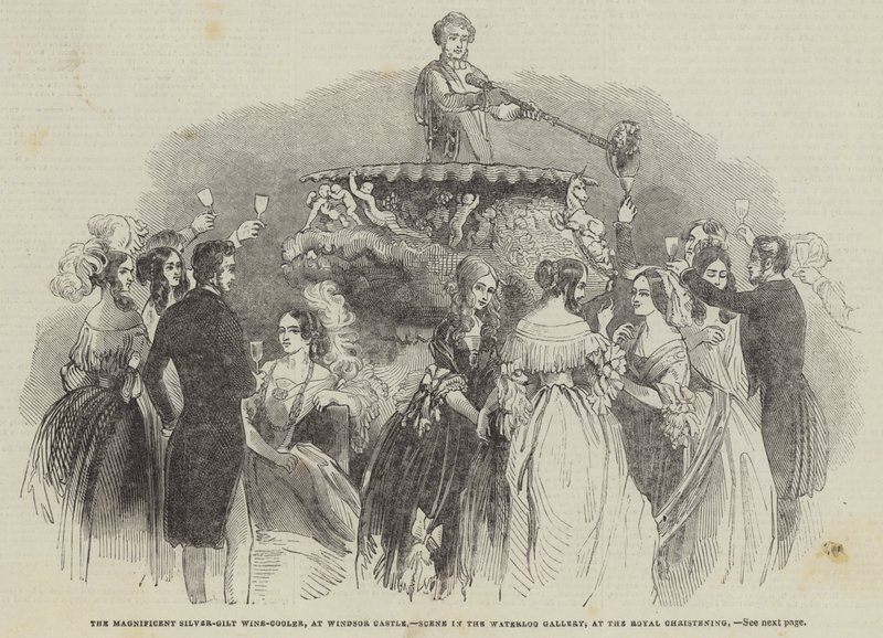 Le magnifique rafraîchissoir en argent doré, au château de Windsor, scène dans la galerie de Waterloo, au baptême royal - English School