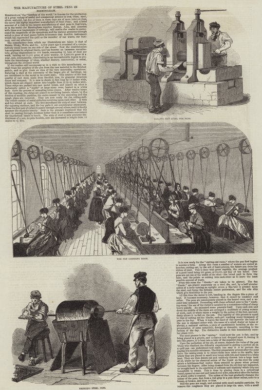 La fabrication des plumes en acier à Birmingham (gravure) - English School