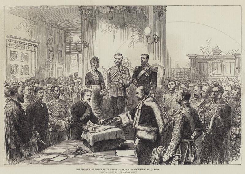 Le marquis de Lorne prêtant serment en tant que gouverneur général du Canada (gravure) - English School