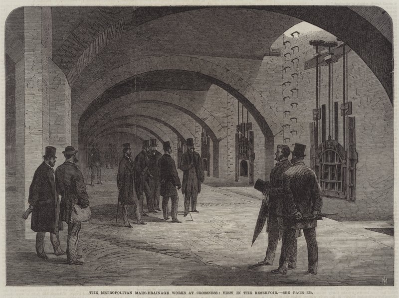 Les travaux de drainage principal métropolitain à Crossness, vue dans le réservoir (gravure) - English School