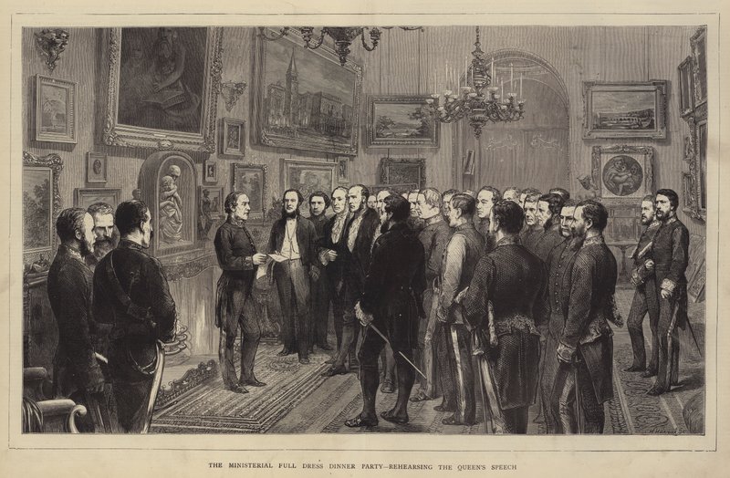 Le dîner officiel ministériel, répétant le discours de la Reine (gravure) - English School