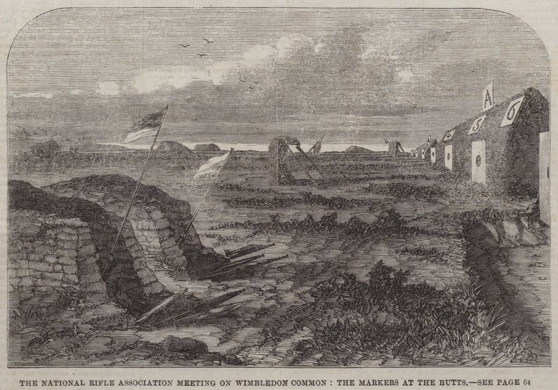 Réunion de la National Rifle Association à Wimbledon Common, les marqueurs aux buttes (gravure) - English School