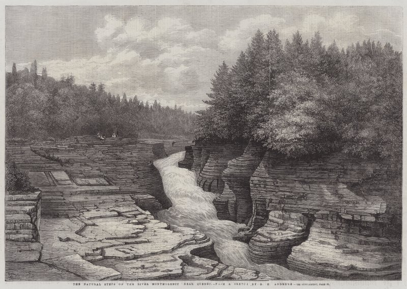 Les marches naturelles sur la rivière Montmorency, près de Québec (gravure) - English School
