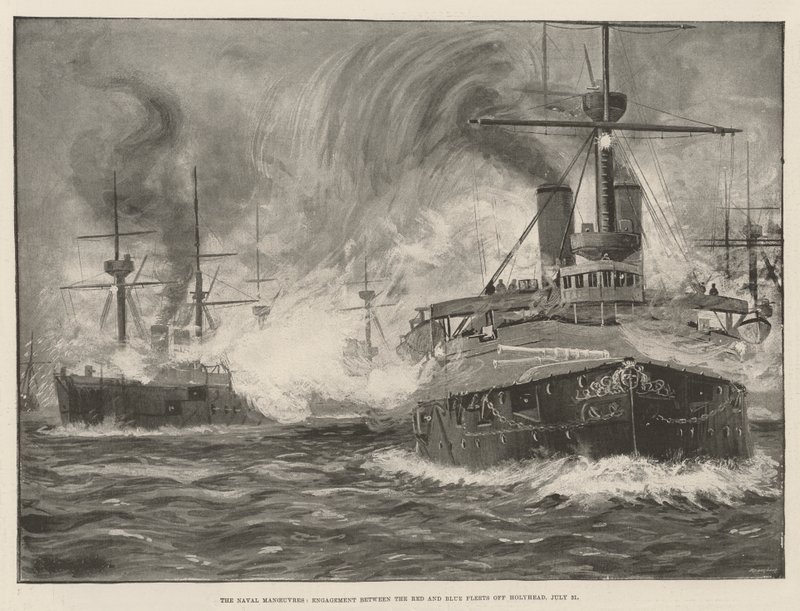 Les manœuvres navales, engagement entre les flottes rouge et bleue au large de Holyhead, 31 juillet (lithographie) - English School