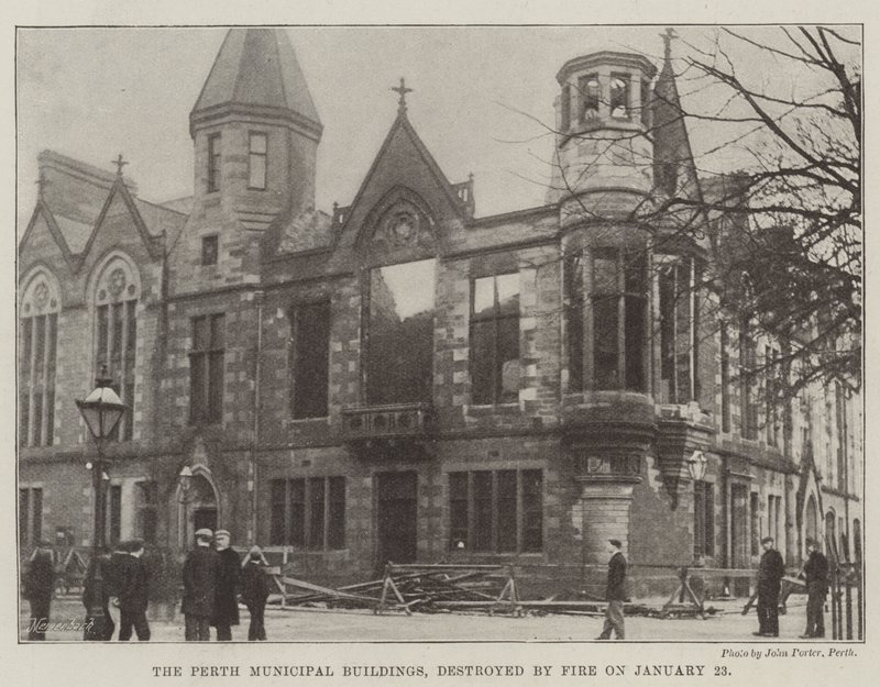 Les bâtiments municipaux de Perth, détruits par le feu le 23 janvier (gravure) - English School