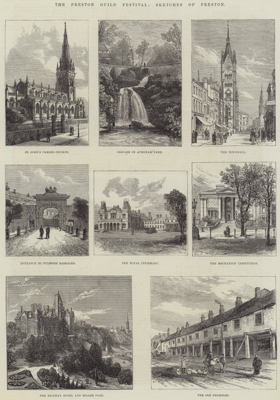Le festival de la guilde de Preston, croquis de Preston (gravure) - English School