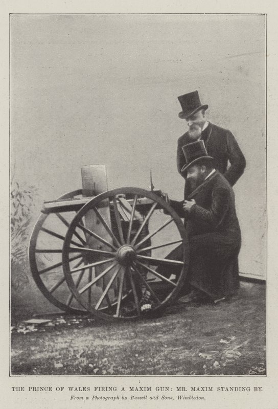 Le prince de Galles tirant avec une mitrailleuse Maxim, M. Maxim à ses côtés (gravure) - English School