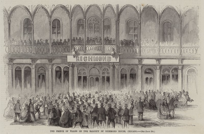 Le Prince de Galles sur le balcon de Richmond House, Chicago (gravure) - English School