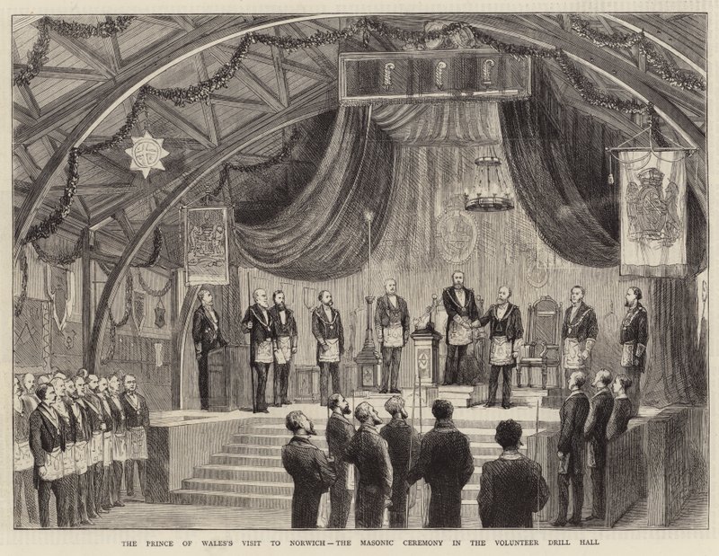 La visite du prince de Galles à Norwich, la cérémonie maçonnique dans le hall d