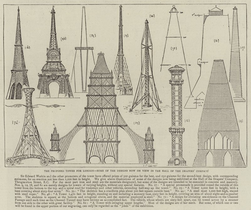 La tour proposée pour Londres, certains des designs actuellement exposés dans le hall de la Drapers
