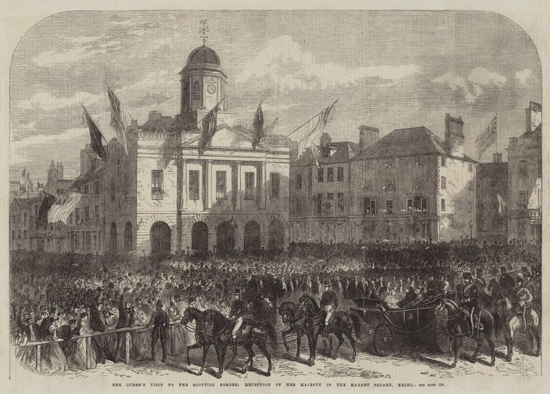 Visite de la reine à la frontière écossaise, réception de Sa Majesté sur la place du marché, Kelso - English School
