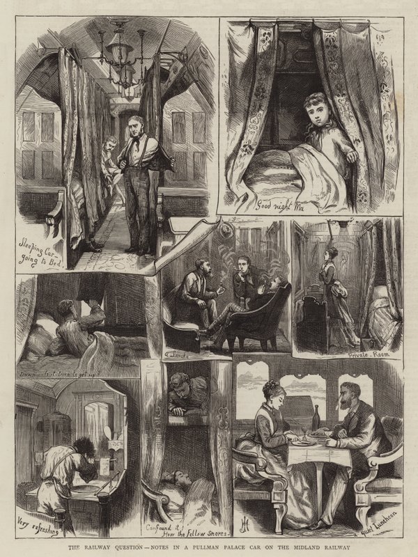 La question ferroviaire, notes dans un wagon Pullman Palace sur le chemin de fer Midland (gravure) - English School
