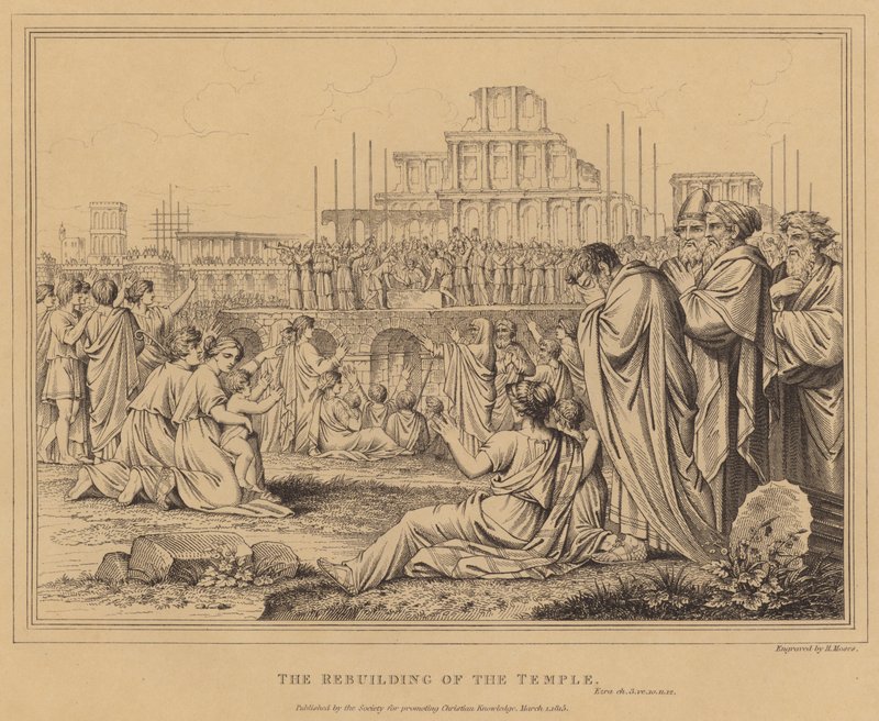 La reconstruction du temple, Esdras (gravure) - English School