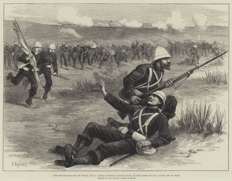 La reconnaissance en force, 5 août, les Royal Marines se repliant à la fin de la journée, sous un feu nourri (gravure) - English School