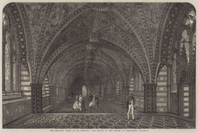 La crypte restaurée de St Stephen, la chapelle des Chambres du Parlement (gravure) - English School
