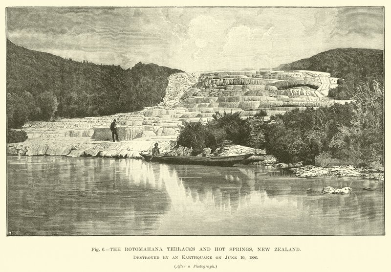 Les terrasses et sources chaudes de Rotomahana, Nouvelle-Zélande, détruites par un tremblement de terre le 10 juin 1886 - English School