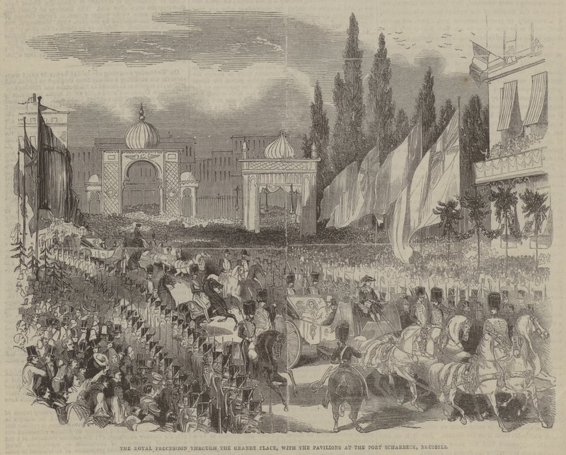 La procession royale à travers la Grande Place, avec les pavillons au Port Scharbeck, Bruxelles - English School