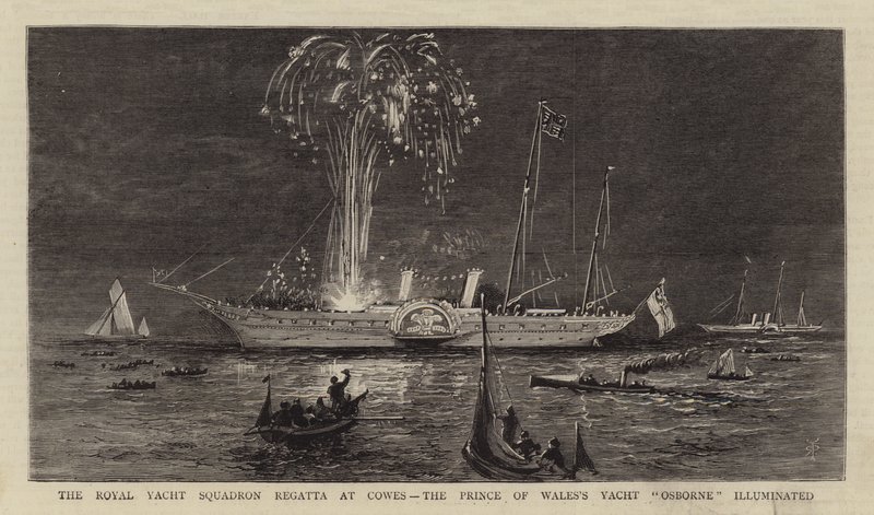 La régate du Royal Yacht Squadron à Cowes, le yacht "Osborne" du prince de Galles illuminé (gravure) - English School