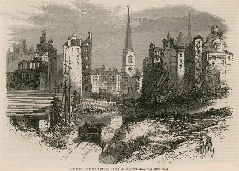 Les travaux du chemin de fer du Sud-Est sur Dowgate Hill, Londres - English School