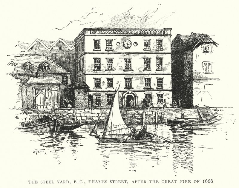 Le Steel Yard, etc., Thames Street, après le grand incendie de 1666 (gravure) - English School