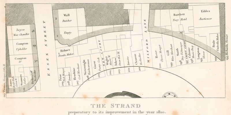 The Strand, Londres, avant son amélioration en 1810; plan de la zone - English School