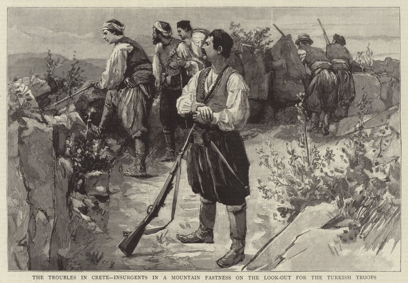 Les troubles en Crète, insurgés dans une forteresse de montagne guettant les troupes turques - English School