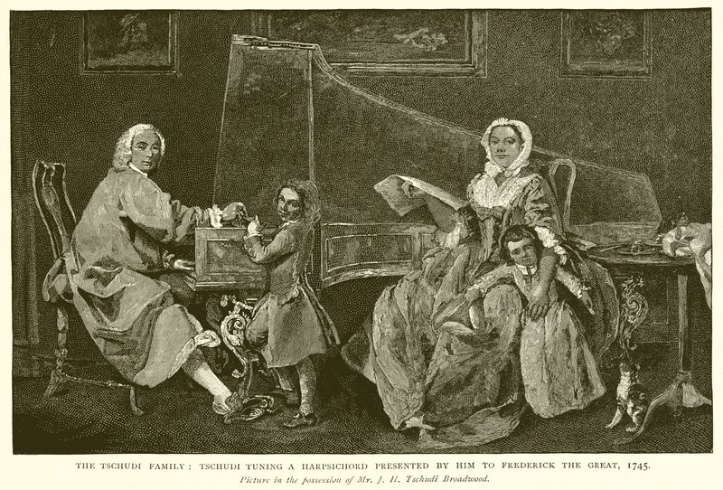 La famille Tschudi : Tschudi accordant un instrument offert par lui à Frédéric le Grand, 1745 - English School