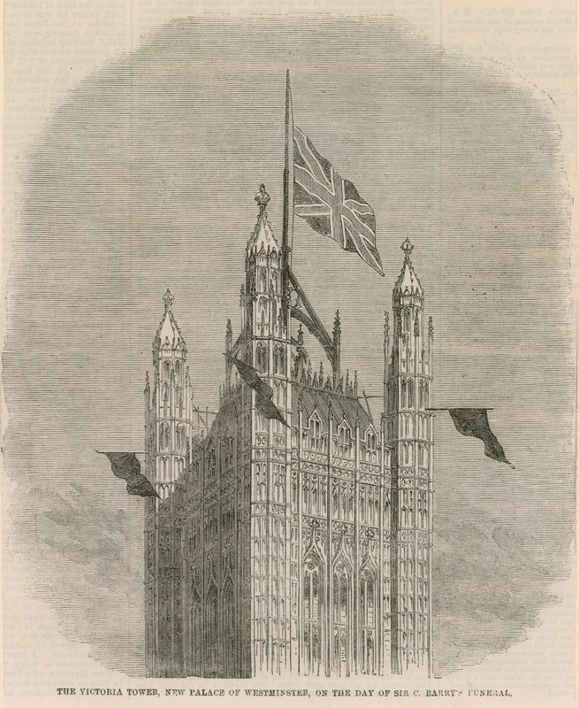 La tour Victoria, nouveau Palais de Westminster, le jour des funérailles de Sir C Barnet - English School