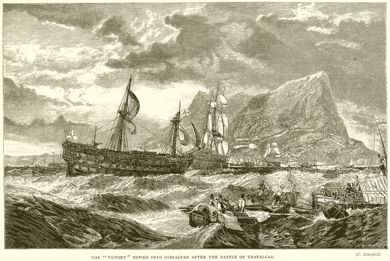 La Victoire remorquée à Gibraltar après la bataille de Trafalgar - English School