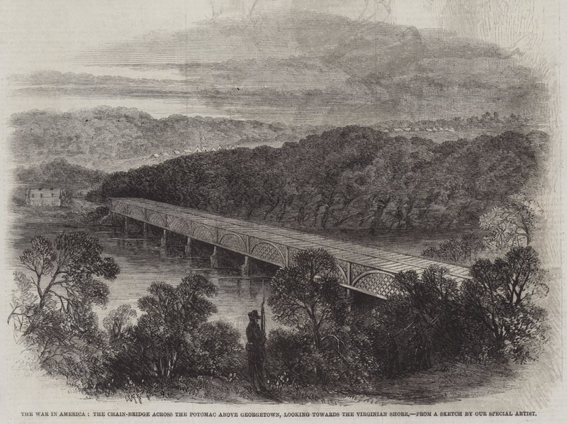 La guerre en Amérique, le pont en chaîne sur le Potomac au-dessus de Georgetown, en direction de la rive de Virginie - English School